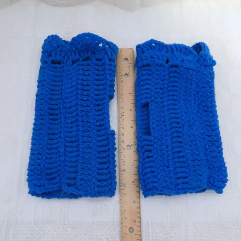 Handmade Crocheted Fingerless Gloves, Royal Blue Fingerless Mittens Women Ruffle